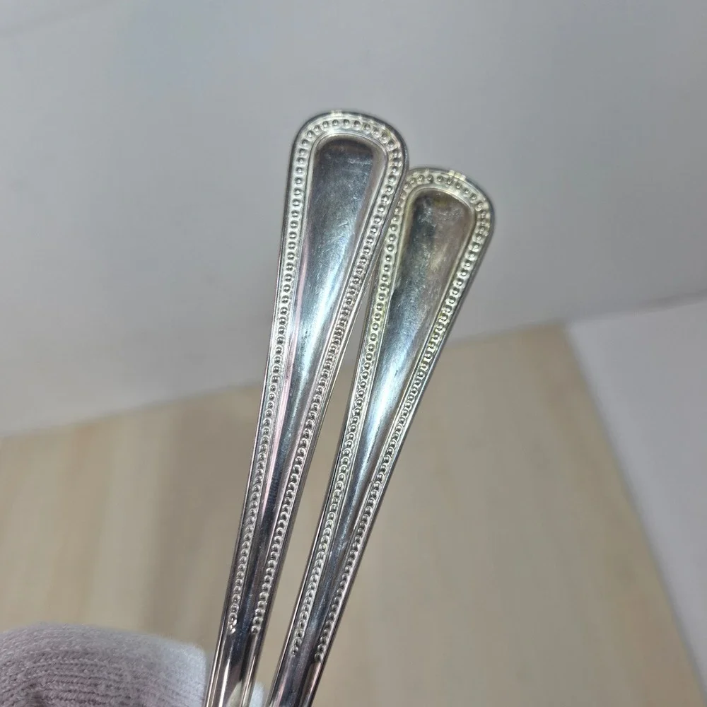 BP Zinc Italy Silver Plated Salad Serving Set Beaded Edge Spoon Fork 2pc Vintage